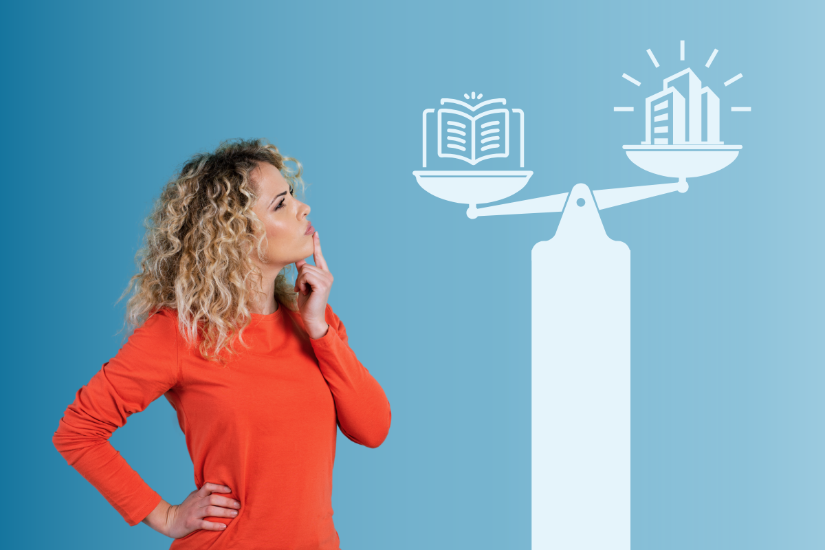 A person considers a balance with a book on one side and a building on the other